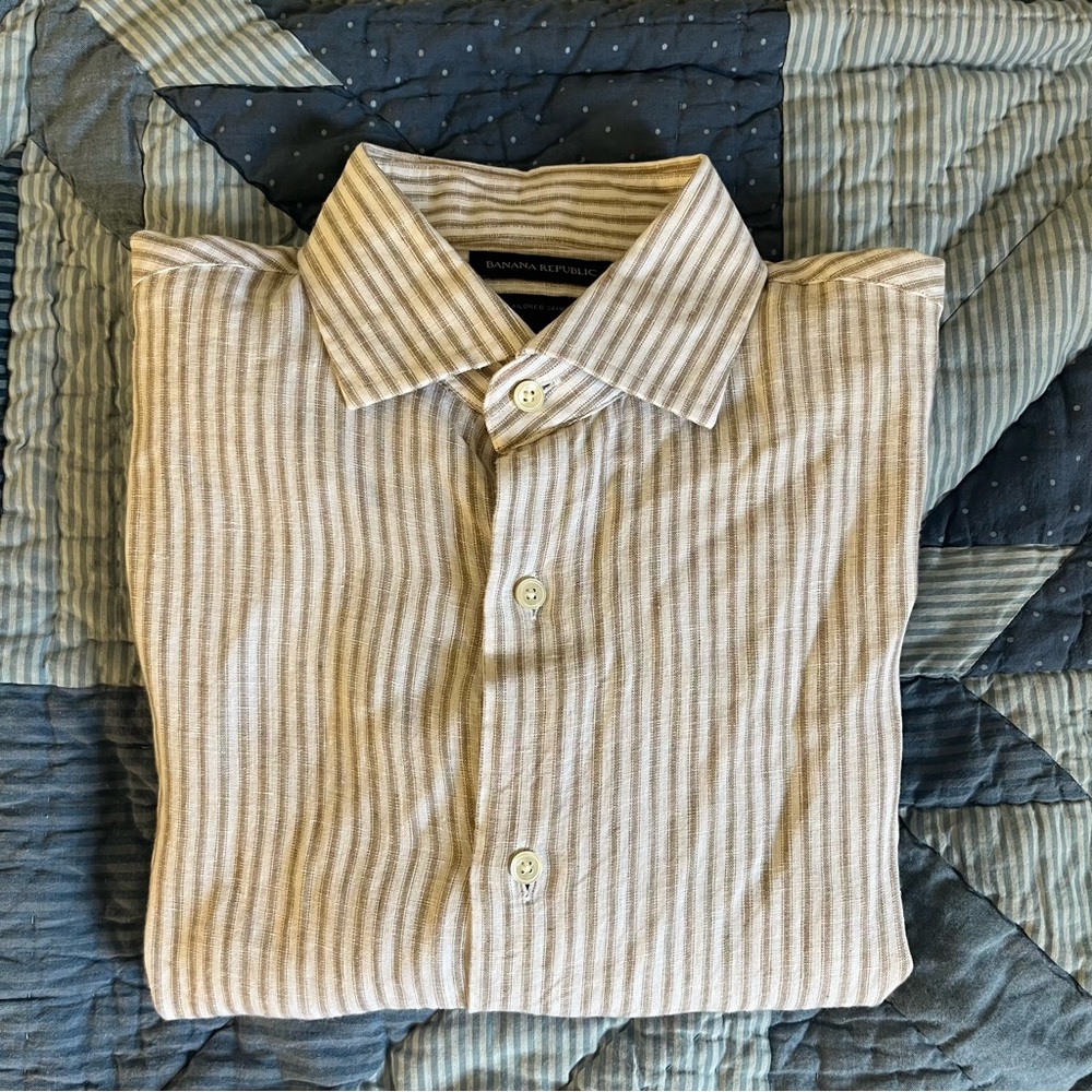Banana Republic Linen White & Tan Stripe Dress Shirt Medium